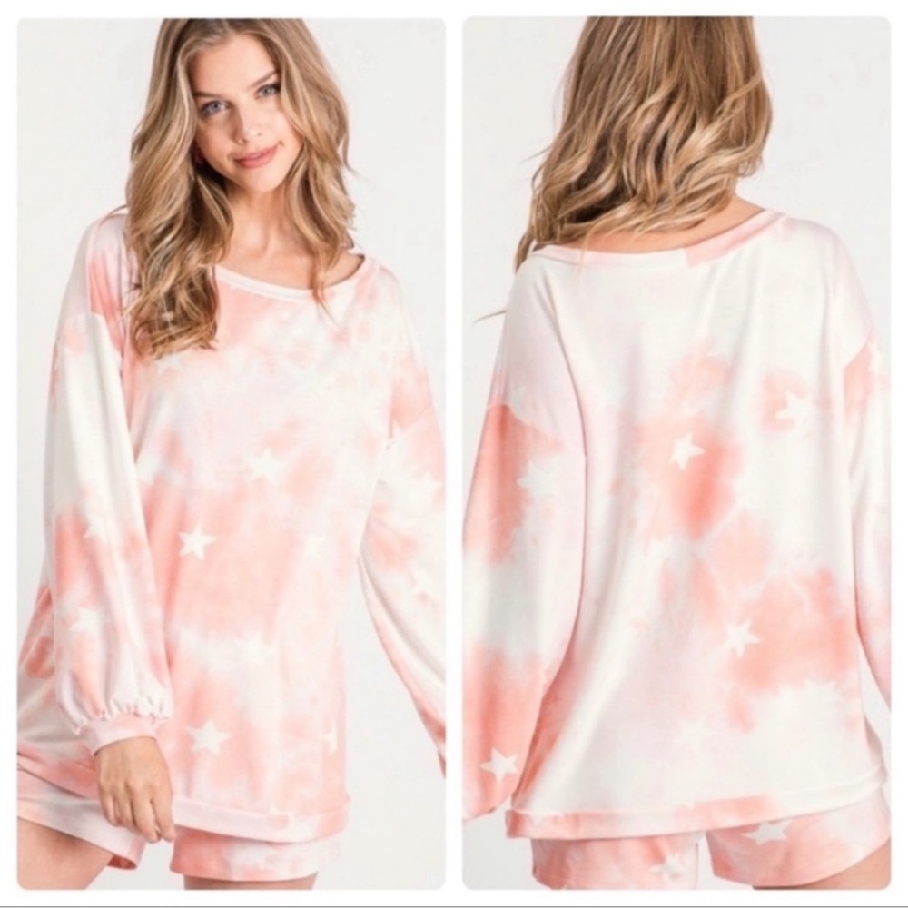 🩷 New Pink And White Star Print Tie Dye French Terry Long Sleeve Tpo🩷 - Picture 2 of 9